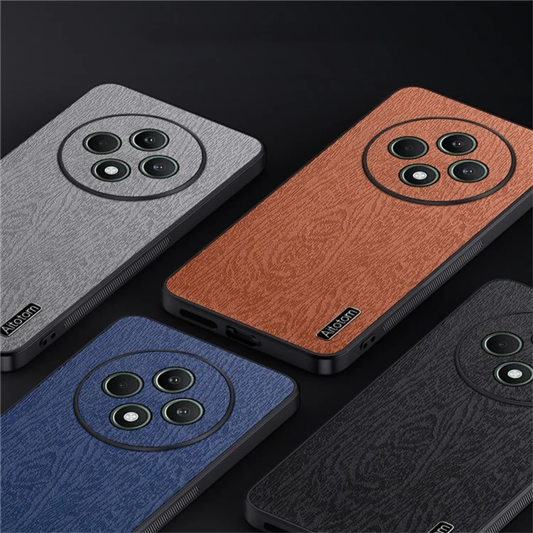 For Oppo Reno12 F 4G Case Wood Texture PU Leather Coated PC+TPU Back Cover - Black-Cellmalls
