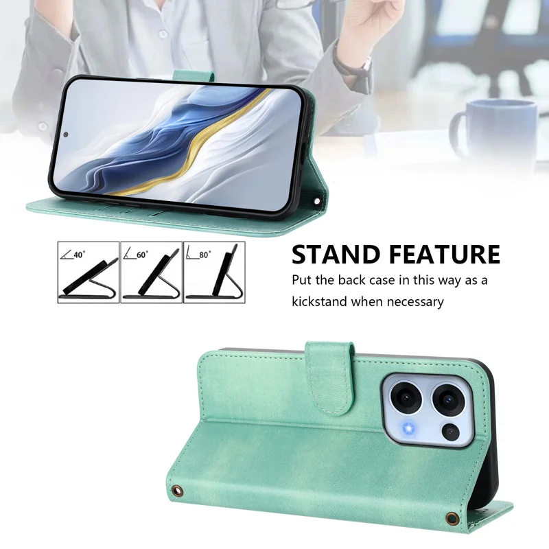 For Oppo Reno13 5G (Global) Cases Wallet Stand Retro Texture Leather Phone Cover with Lanyard - Mint Green-Cellmalls