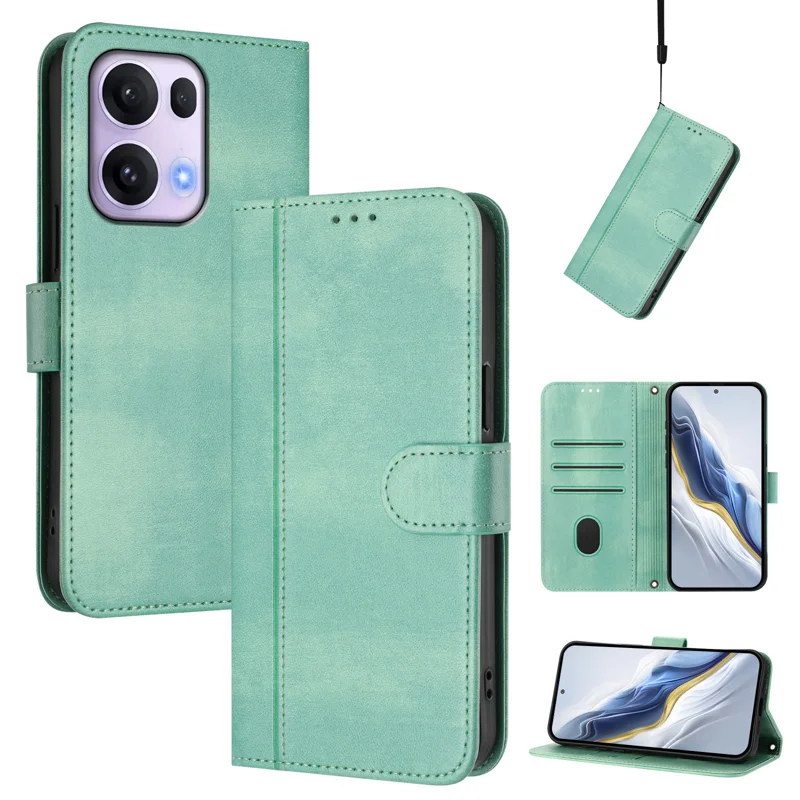 For Oppo Reno13 Pro 5G Cases Wallet Stand Retro Texture Leather Phone Cover with Lanyard - Mint Green-Cellmalls