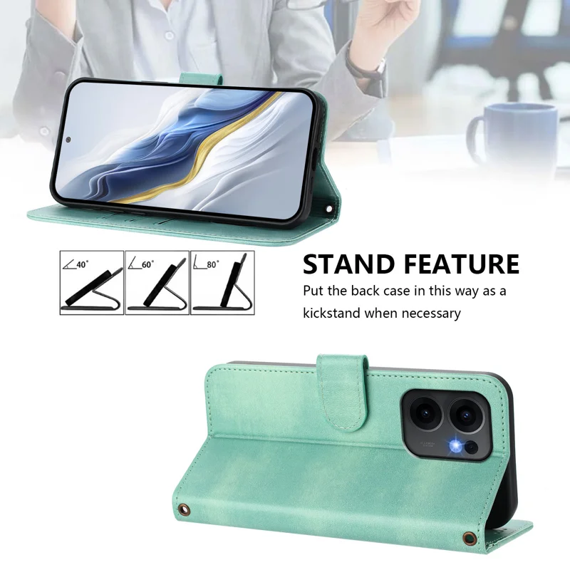 For Oppo Reno13 F 5G Cases Wallet Stand Retro Texture Leather Phone Cover with Lanyard - Mint Green-Cellmalls