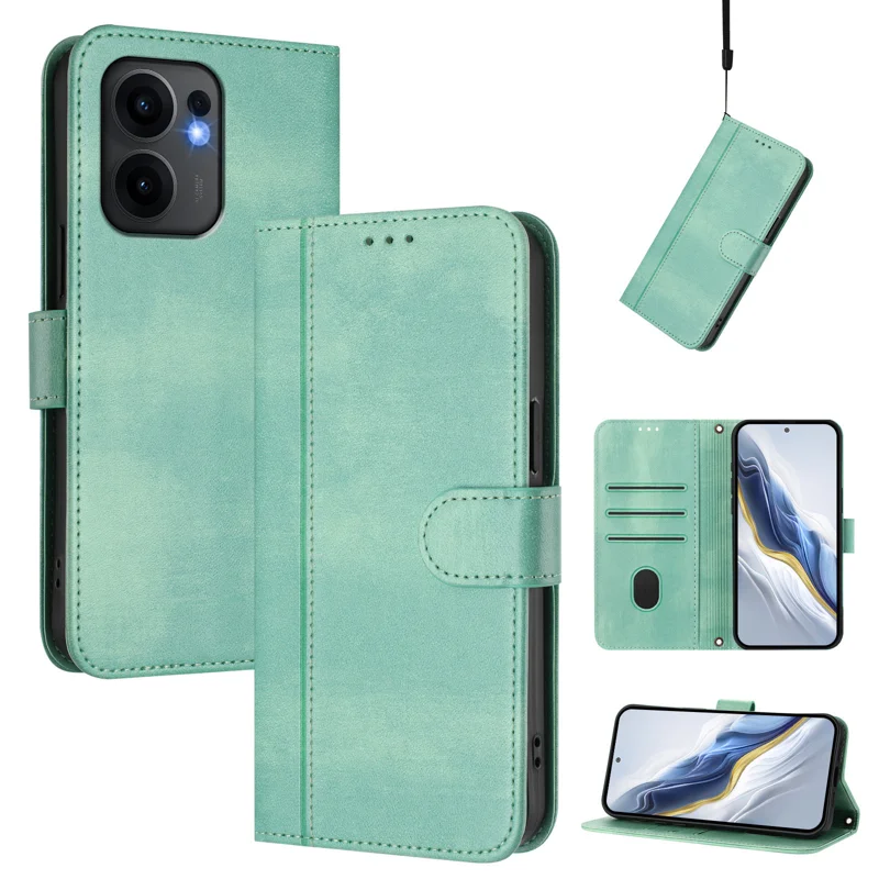 For Oppo Reno13 F 5G Cases Wallet Stand Retro Texture Leather Phone Cover with Lanyard - Mint Green-Cellmalls