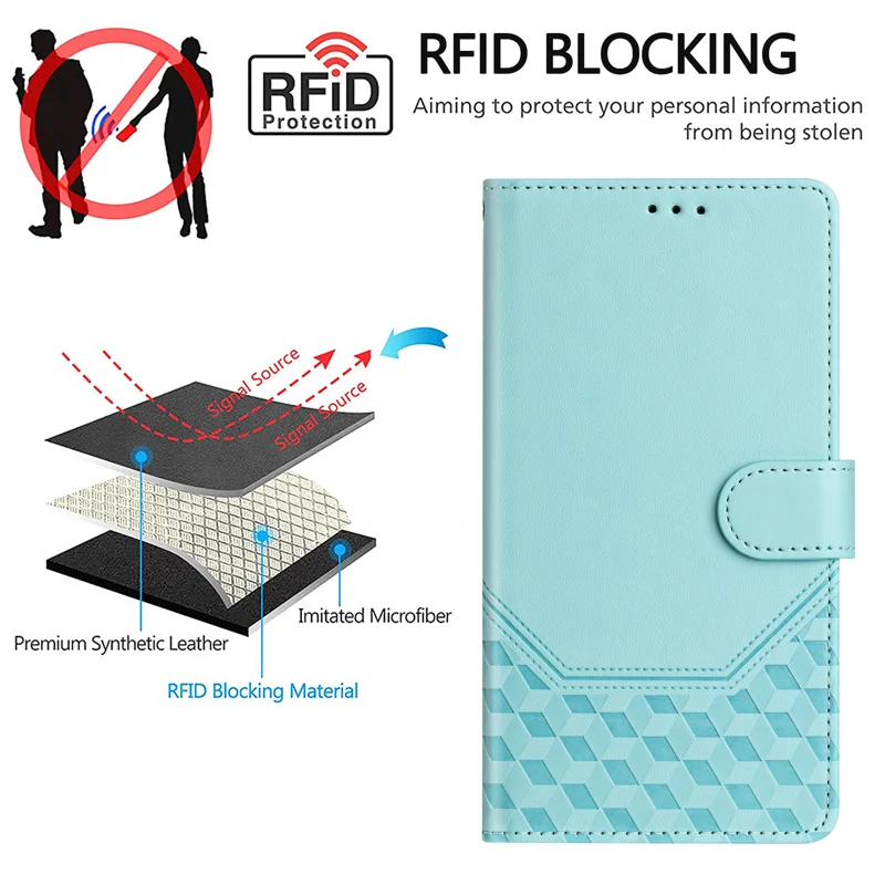 For Oppo F29 5G Case Imprinted Honeycomb RFID Blocking Leather Phone Cover with Strap - Mint Green-Cellmalls