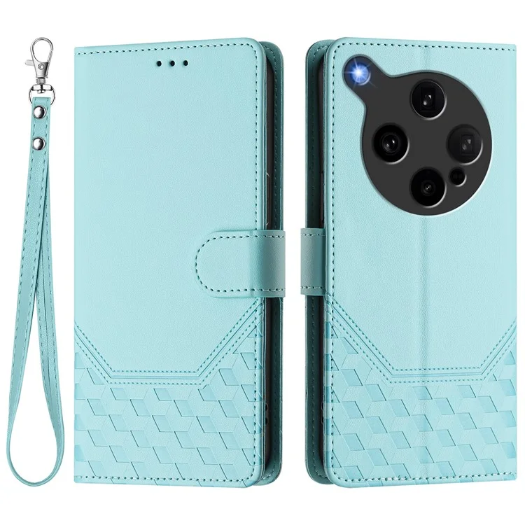 For Oppo Find X8 Ultra 5G Case Imprinted Honeycomb RFID Blocking Leather Phone Cover with Strap - Mint Green-Cellmalls