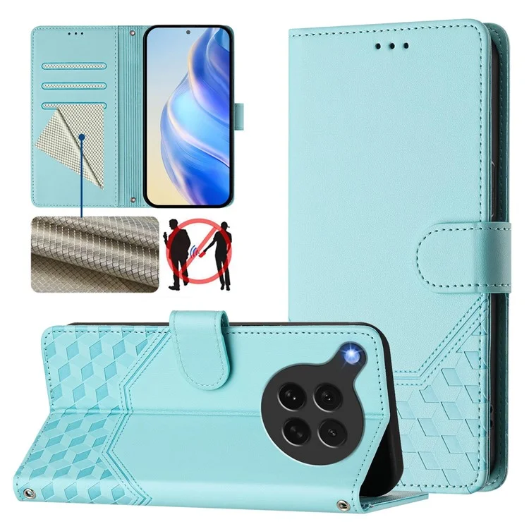 For Oppo Find X8s 5G Case Imprinted Honeycomb RFID Blocking Leather Phone Cover with Strap - Mint Green-Cellmalls