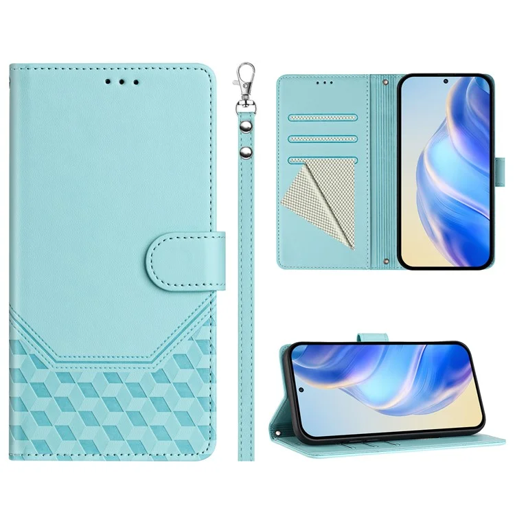 For Oppo Find X8s 5G Case Imprinted Honeycomb RFID Blocking Leather Phone Cover with Strap - Mint Green-Cellmalls
