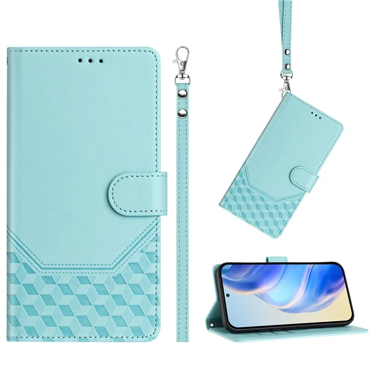 For Oppo Find X8s 5G Case Imprinted Honeycomb RFID Blocking Leather Phone Cover with Strap - Mint Green-Cellmalls