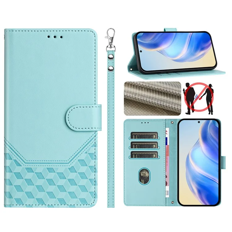 For Oppo Find X8s 5G Case Imprinted Honeycomb RFID Blocking Leather Phone Cover with Strap - Mint Green-Cellmalls