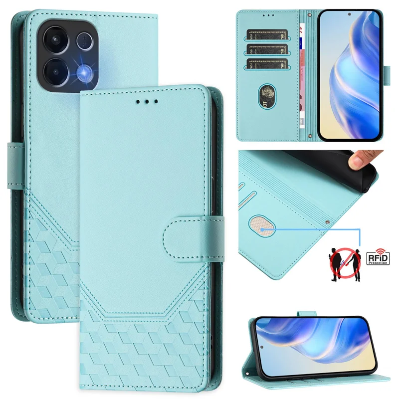 For Oppo K13 5G Case Imprinted Honeycomb RFID Blocking Leather Phone Cover with Strap - Mint Green-Cellmalls