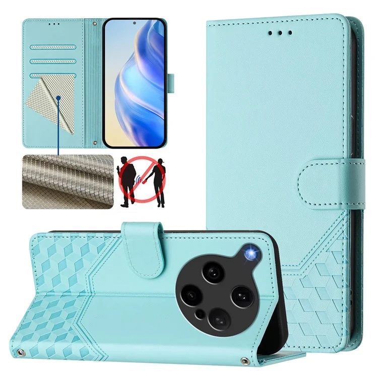 For Oppo Find X8 Ultra 5G Case Imprinted Honeycomb RFID Blocking Leather Phone Cover with Strap - Mint Green-Cellmalls