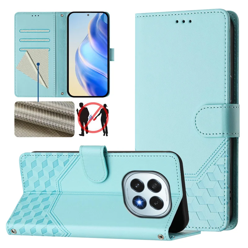 For Oppo F29 5G Case Imprinted Honeycomb RFID Blocking Leather Phone Cover with Strap - Mint Green-Cellmalls