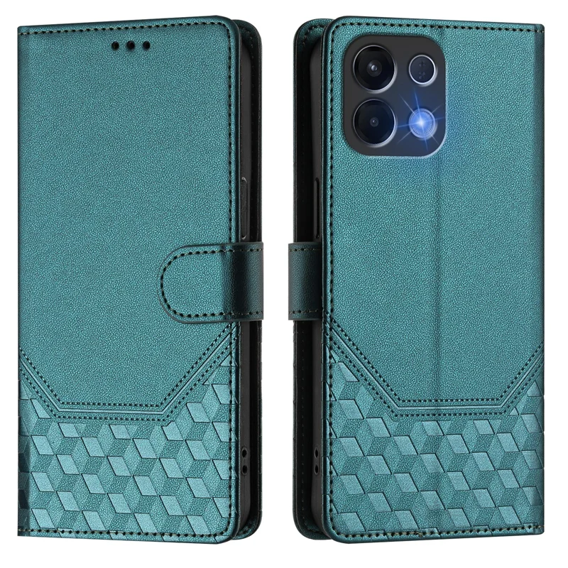 For Oppo K13 5G Case Imprinted Honeycomb RFID Blocking Leather Phone Cover with Strap - Mint Green-Cellmalls