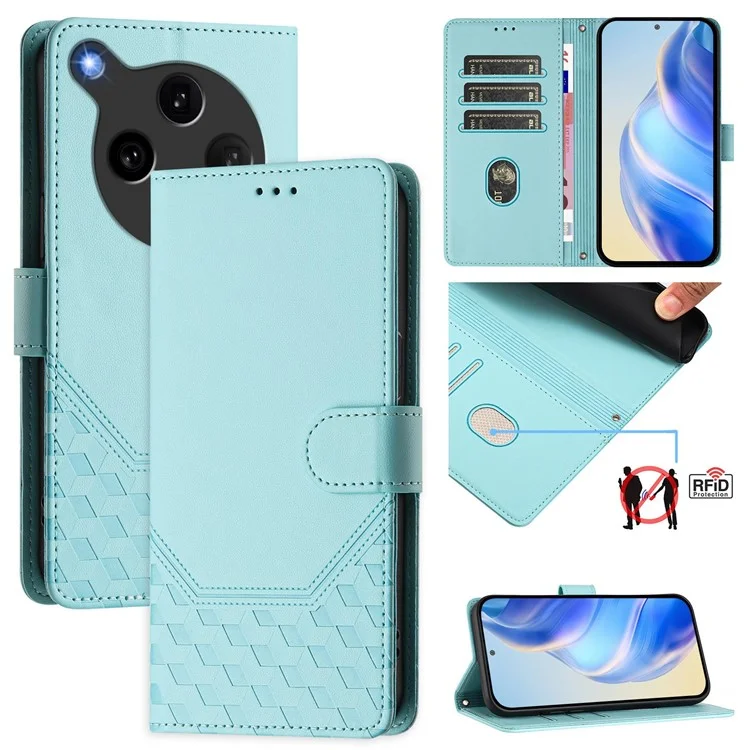 For Oppo Find X8 Ultra 5G Case Imprinted Honeycomb RFID Blocking Leather Phone Cover with Strap - Mint Green-Cellmalls