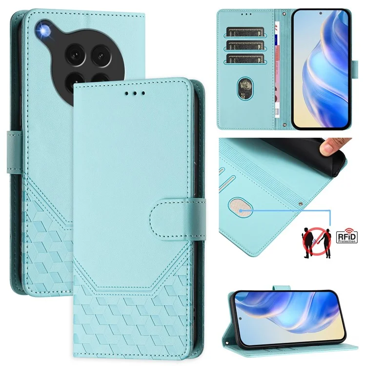 For Oppo Find X8s 5G Case Imprinted Honeycomb RFID Blocking Leather Phone Cover with Strap - Mint Green-Cellmalls