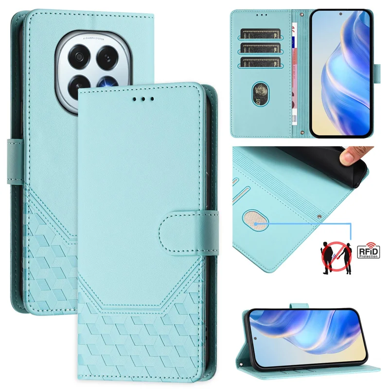 For Oppo F29 5G Case Imprinted Honeycomb RFID Blocking Leather Phone Cover with Strap - Mint Green-Cellmalls