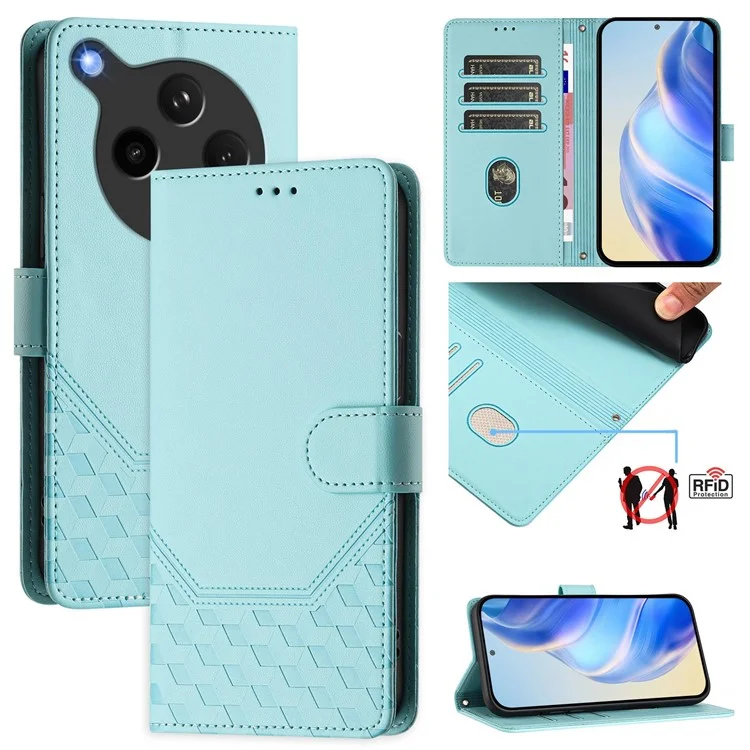 For Oppo Find X8s+ 5G Case Imprinted Honeycomb RFID Blocking Leather Phone Cover with Strap - Mint Green-Cellmalls