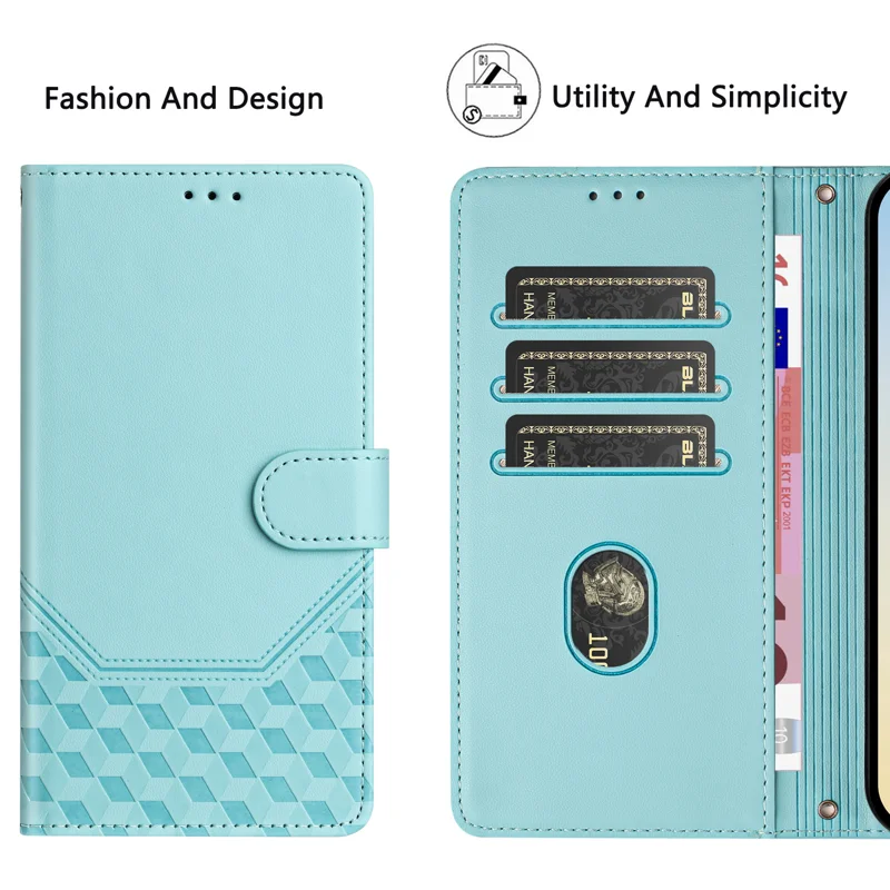 For Oppo K13 5G Case Imprinted Honeycomb RFID Blocking Leather Phone Cover with Strap - Mint Green-Cellmalls