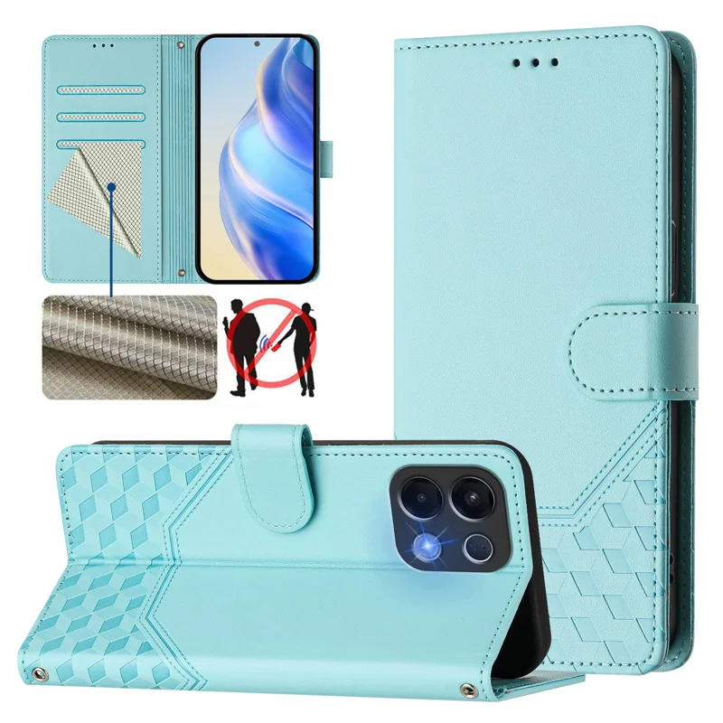 For Oppo K13 5G Case Imprinted Honeycomb RFID Blocking Leather Phone Cover with Strap - Mint Green-Cellmalls