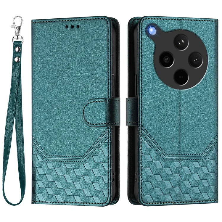 For Oppo Find X8s+ 5G Case Imprinted Honeycomb RFID Blocking Leather Phone Cover with Strap - Mint Green-Cellmalls