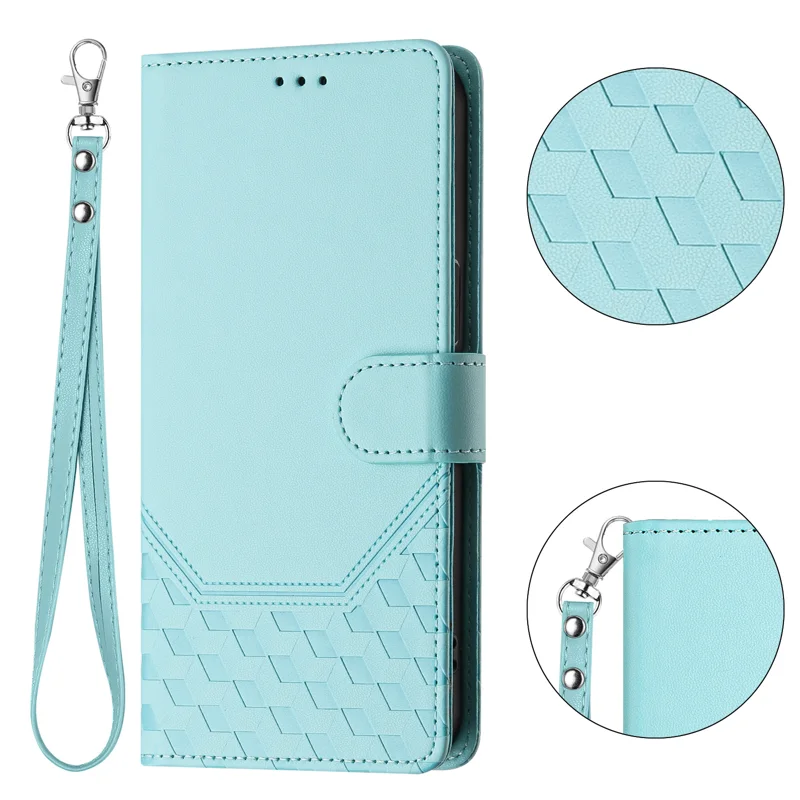 For Oppo K13 5G Case Imprinted Honeycomb RFID Blocking Leather Phone Cover with Strap - Mint Green-Cellmalls