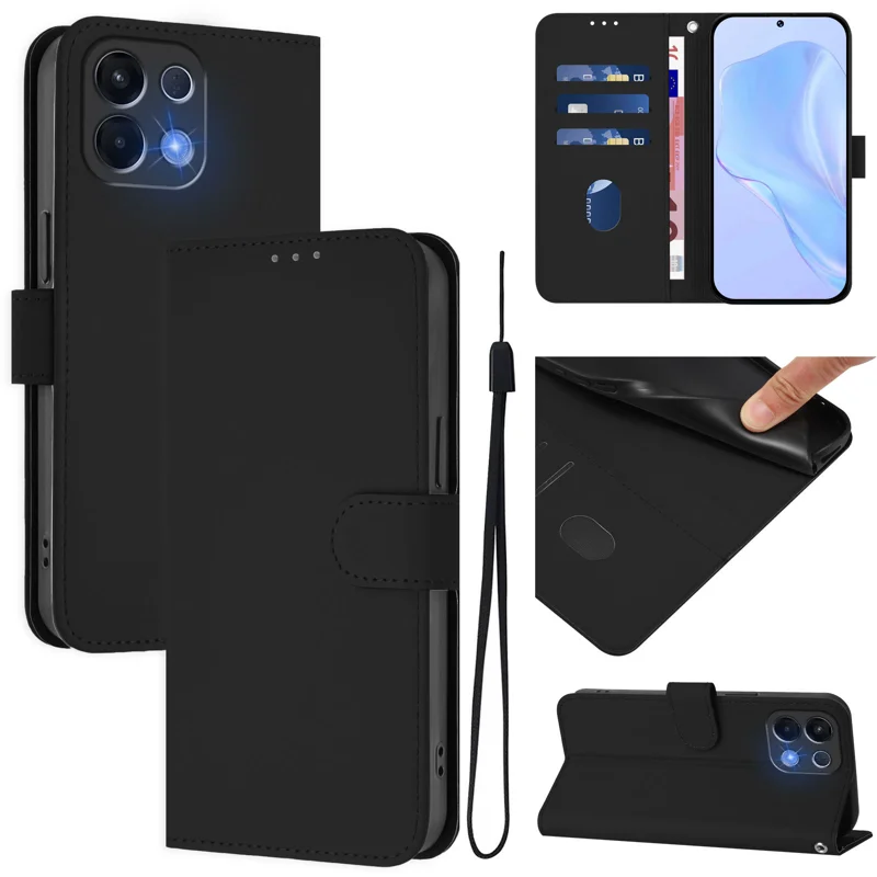 For Oppo K13 5G Case Solid Color Wallet Leather Phone Cover with Strap - Black-Cellmalls