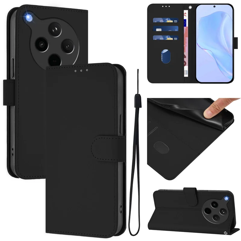 For Oppo Find X8s+ 5G Case Solid Color Wallet Leather Phone Cover with Strap - Black-Cellmalls