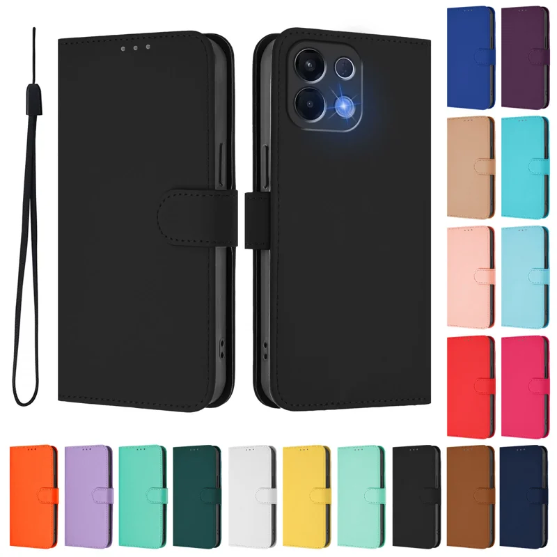 For Oppo K13 5G Case Solid Color Wallet Leather Phone Cover with Strap - Black-Cellmalls
