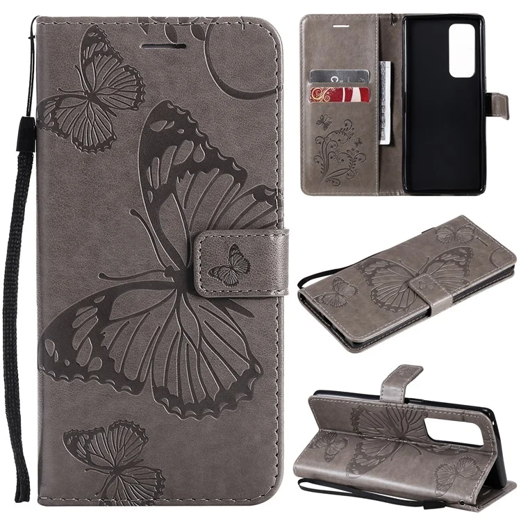 For OPPO Find X3 Neo / Reno5 Pro Plus 5G Wallet Case Floral Butterfly Imprinted Leather Phone Cover Stand - Grey-Cellmalls