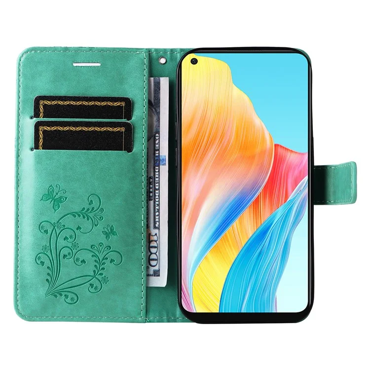 For Oppo A78 4G Wallet Case Floral Butterfly Imprinted Leather Phone Cover Stand - Green-Cellmalls