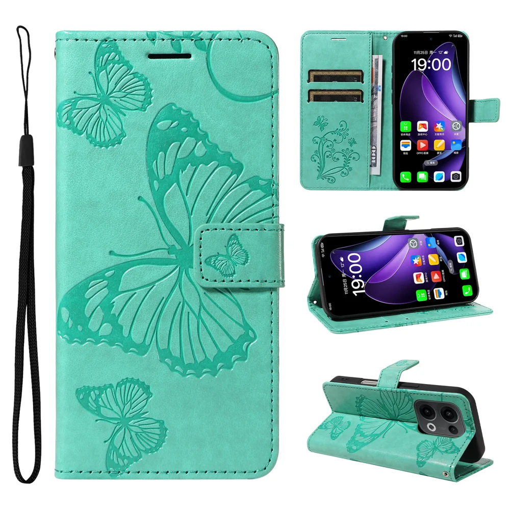 For Oppo Reno13 5G (Global) Wallet Case Floral Butterfly Imprinted Leather Phone Cover Stand -  Green-Cellmalls