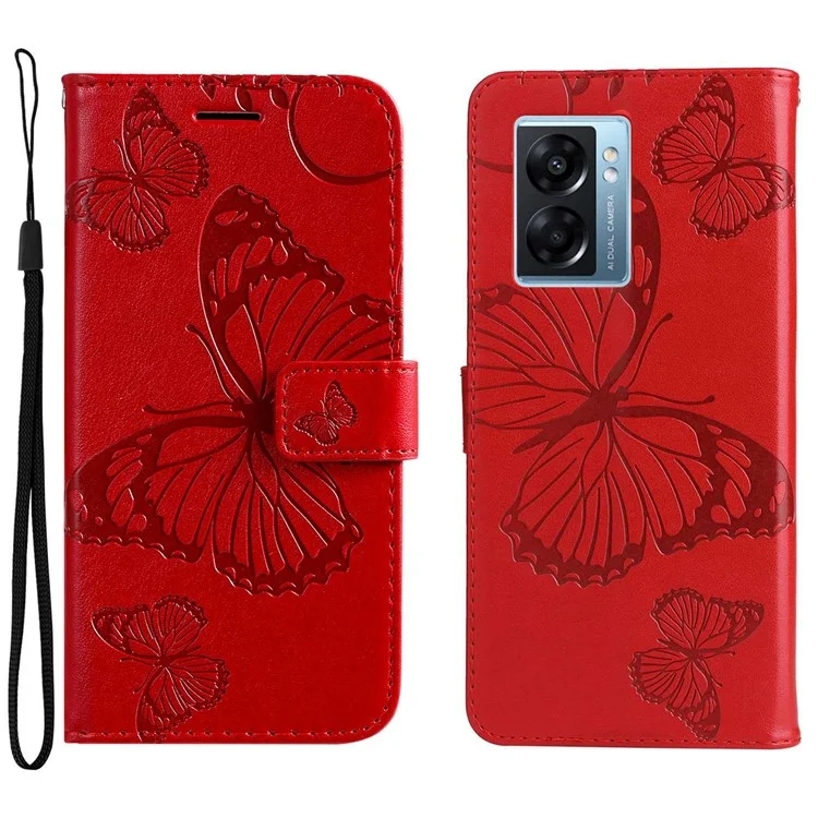 For Oppo A57 (2022) 5G / A77 5G / Realme V23 5G Case Solid Color Leather Mobile Cover Wallet Stand with Strap - Red-Cellmalls