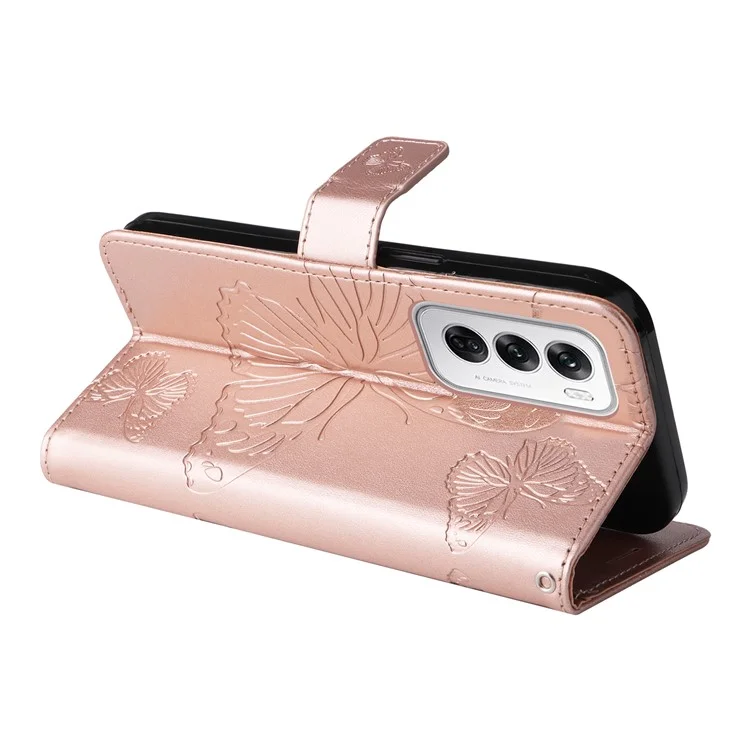 For Oppo Reno12 5G (Global) Wallet Case Floral Butterfly Imprinted Leather Phone Cover Stand - Rose Gold-Cellmalls