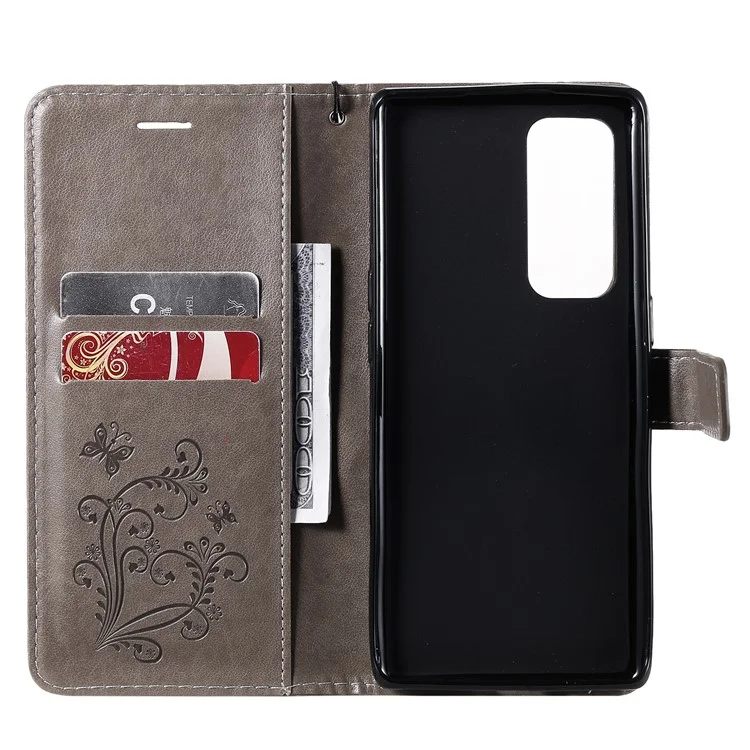 For OPPO Find X3 Neo / Reno5 Pro Plus 5G Wallet Case Floral Butterfly Imprinted Leather Phone Cover Stand - Grey-Cellmalls