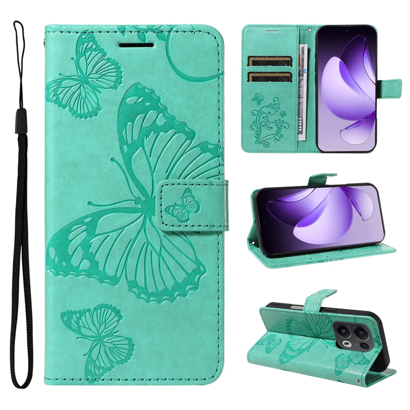 For Oppo Reno13 Pro 5G Wallet Case Floral Butterfly Imprinted Leather Phone Cover Stand -  Green-Cellmalls