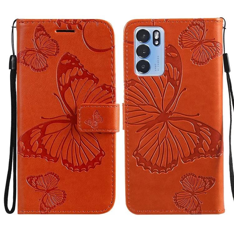 For Oppo Reno6 5G Wallet Case Floral Butterfly Imprinted Leather Phone Cover Stand - Orange-Cellmalls