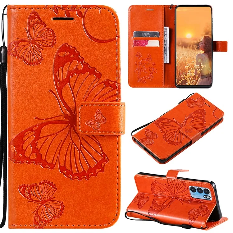 For Oppo Reno6 5G Wallet Case Floral Butterfly Imprinted Leather Phone Cover Stand - Orange-Cellmalls