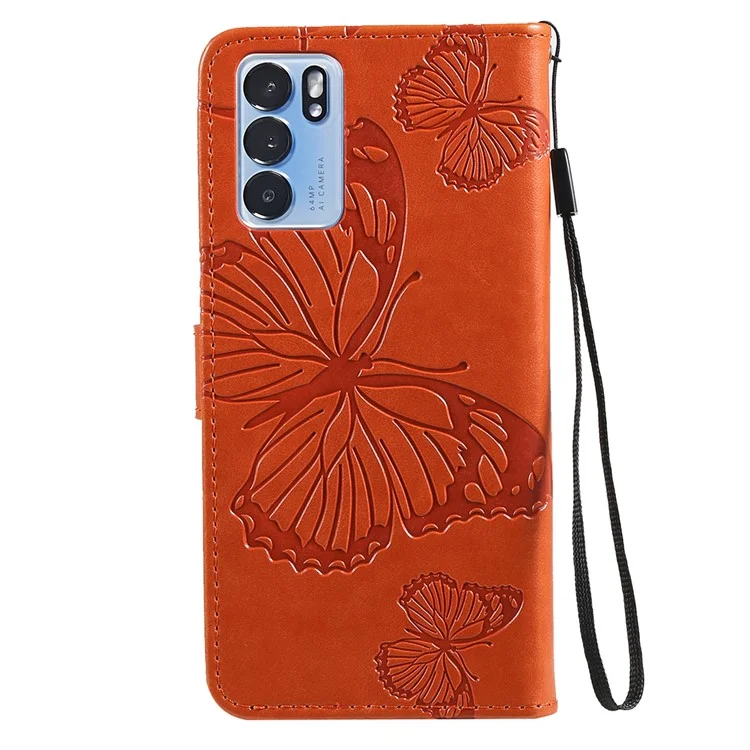 For Oppo Reno6 5G Wallet Case Floral Butterfly Imprinted Leather Phone Cover Stand - Orange-Cellmalls