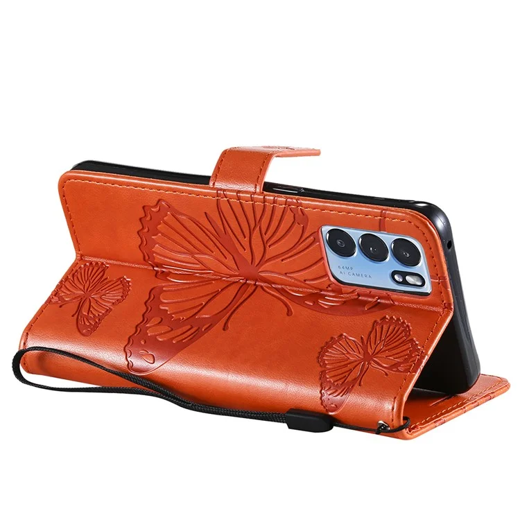 For Oppo Reno6 5G Wallet Case Floral Butterfly Imprinted Leather Phone Cover Stand - Orange-Cellmalls
