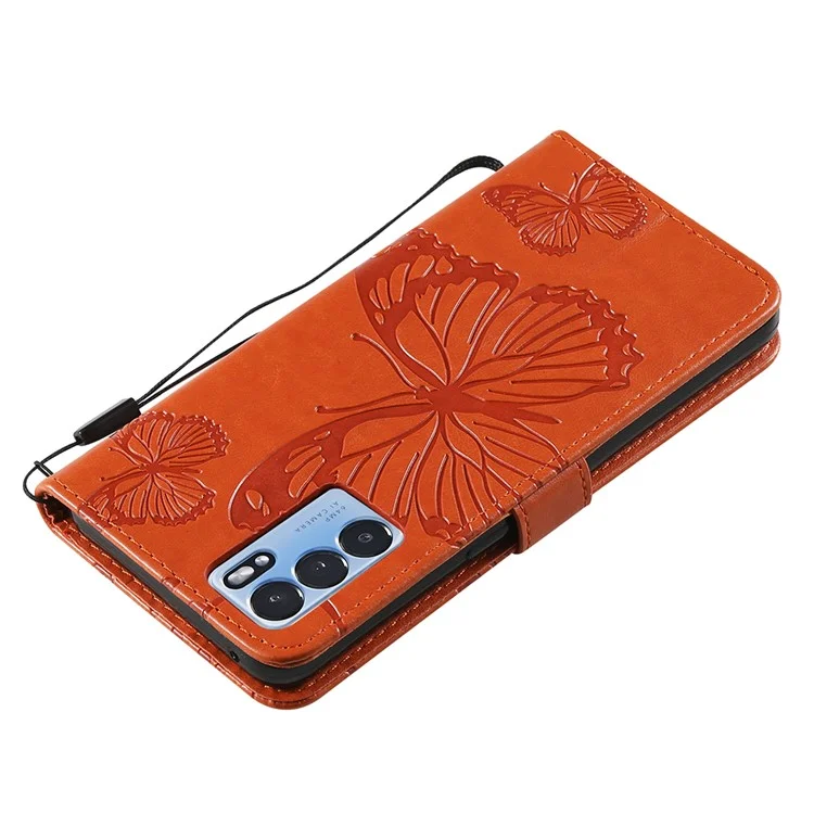 For Oppo Reno6 5G Wallet Case Floral Butterfly Imprinted Leather Phone Cover Stand - Orange-Cellmalls