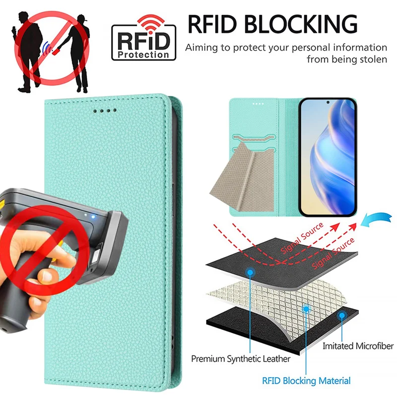 For Oppo Find X8s+ 5G Wallet Case RFID Blocking Litchi Texture Leather Mobile Cover - Mint Green-Cellmalls