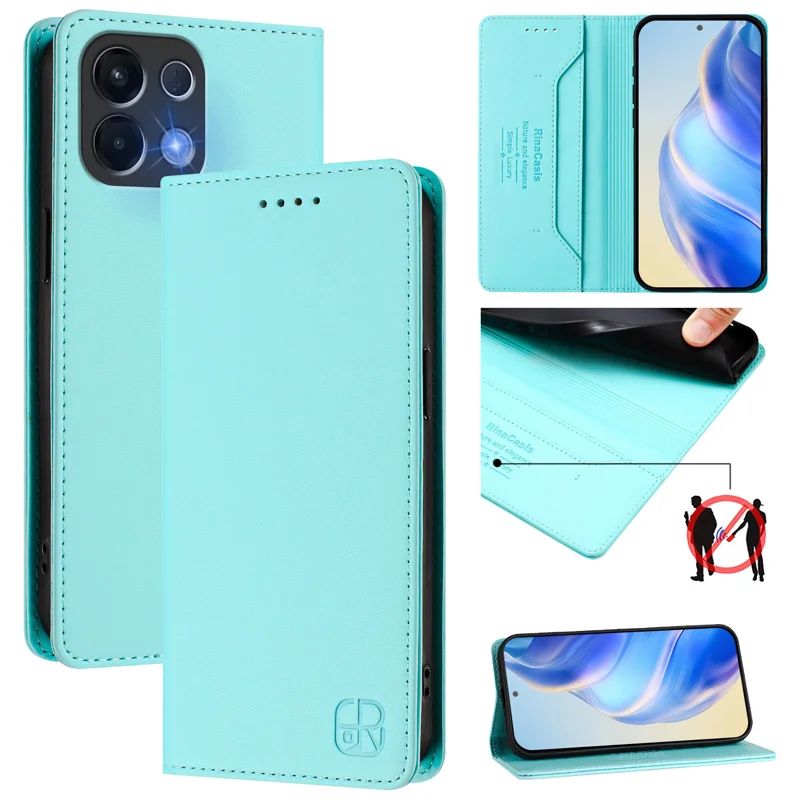 For Oppo K13 5G Leather Case RINACASIS RC01 Phone Cover with RFID Blocking Wallet Stand - Mint Green-Cellmalls