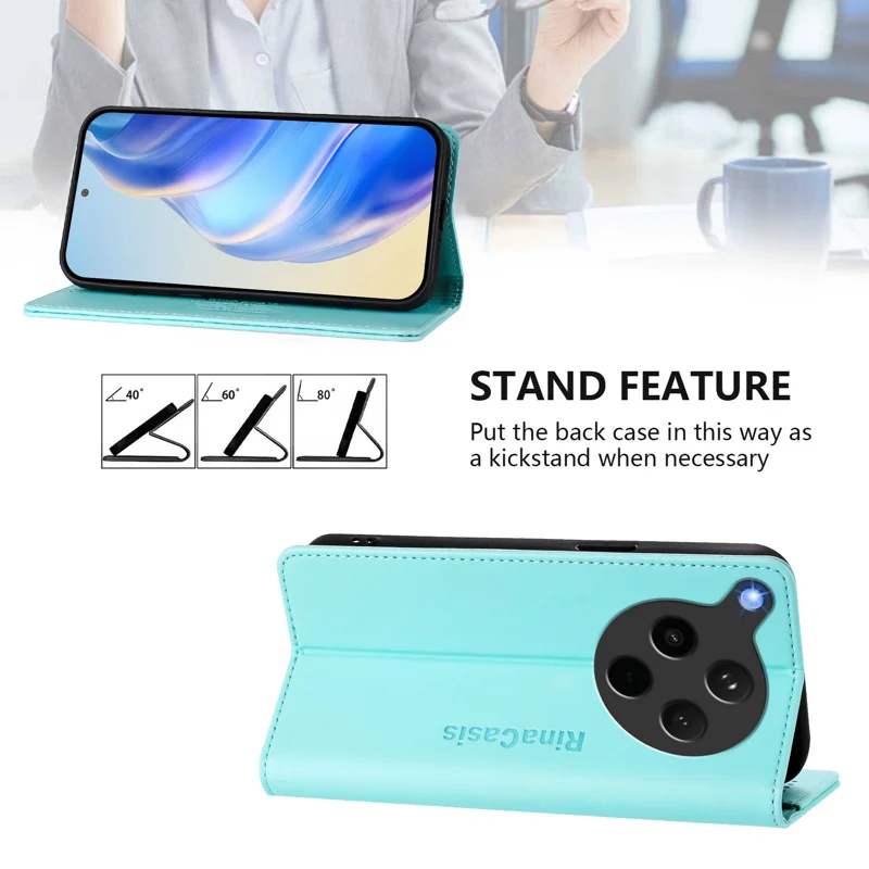 For Oppo Find X8s+ 5G Leather Case RINACASIS RC01 Phone Cover with RFID Blocking Wallet Stand - Mint Green-Cellmalls