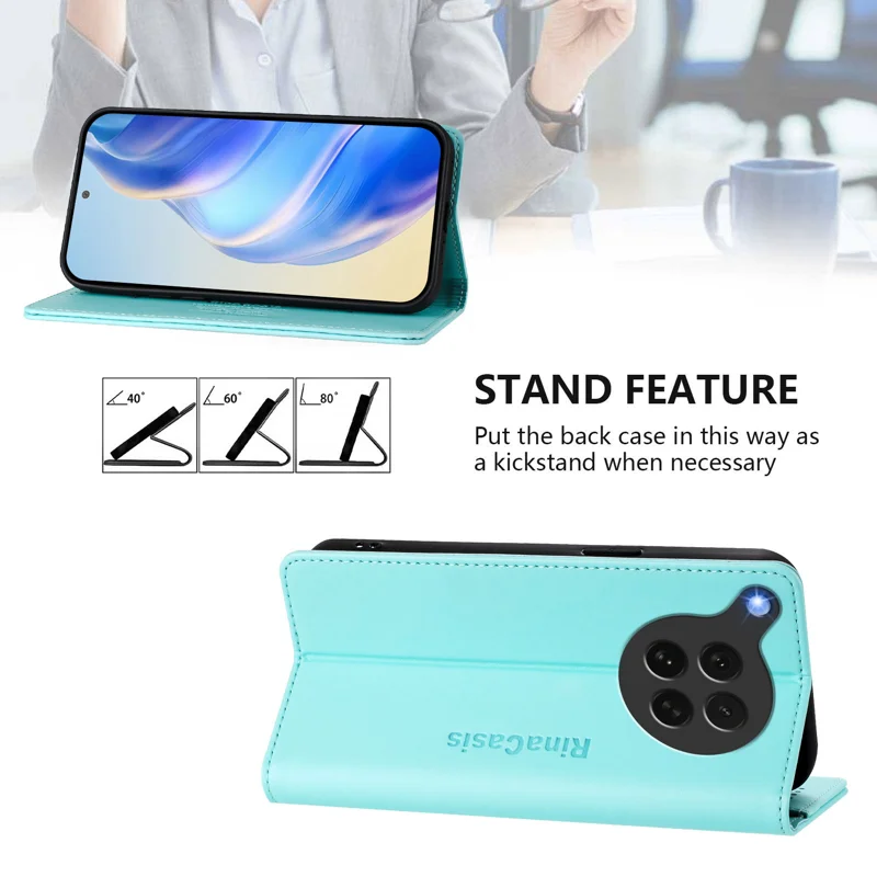 For Oppo Find X8s 5G Leather Case RINACASIS RC01 Phone Cover with RFID Blocking Wallet Stand - Mint Green-Cellmalls