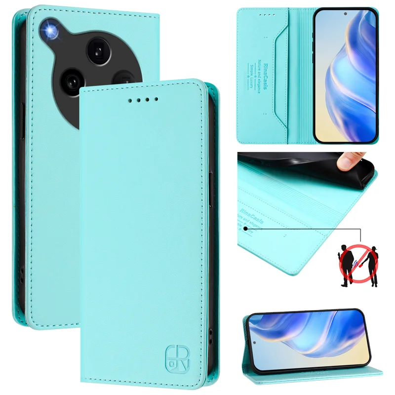 For Oppo Find X8 Ultra 5G Leather Case RINACASIS RC01 Phone Cover with RFID Blocking Wallet Stand - Mint Green-Cellmalls