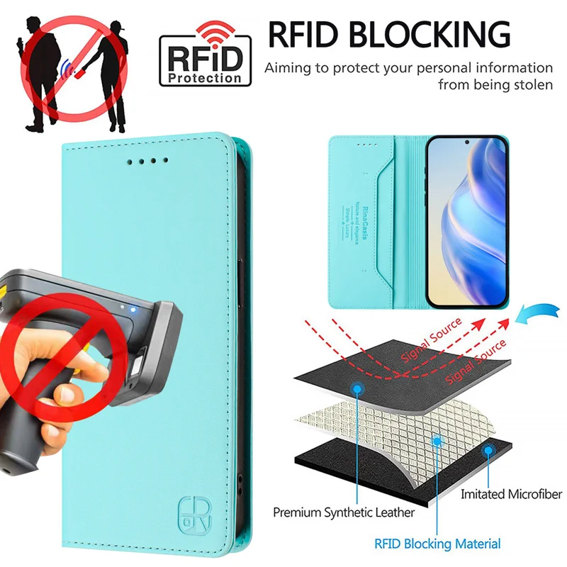 For Oppo Find X8 Ultra 5G Leather Case RINACASIS RC01 Phone Cover with RFID Blocking Wallet Stand - Mint Green-Cellmalls