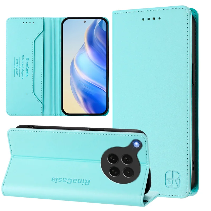 For Oppo Find X8s 5G Leather Case RINACASIS RC01 Phone Cover with RFID Blocking Wallet Stand - Mint Green-Cellmalls