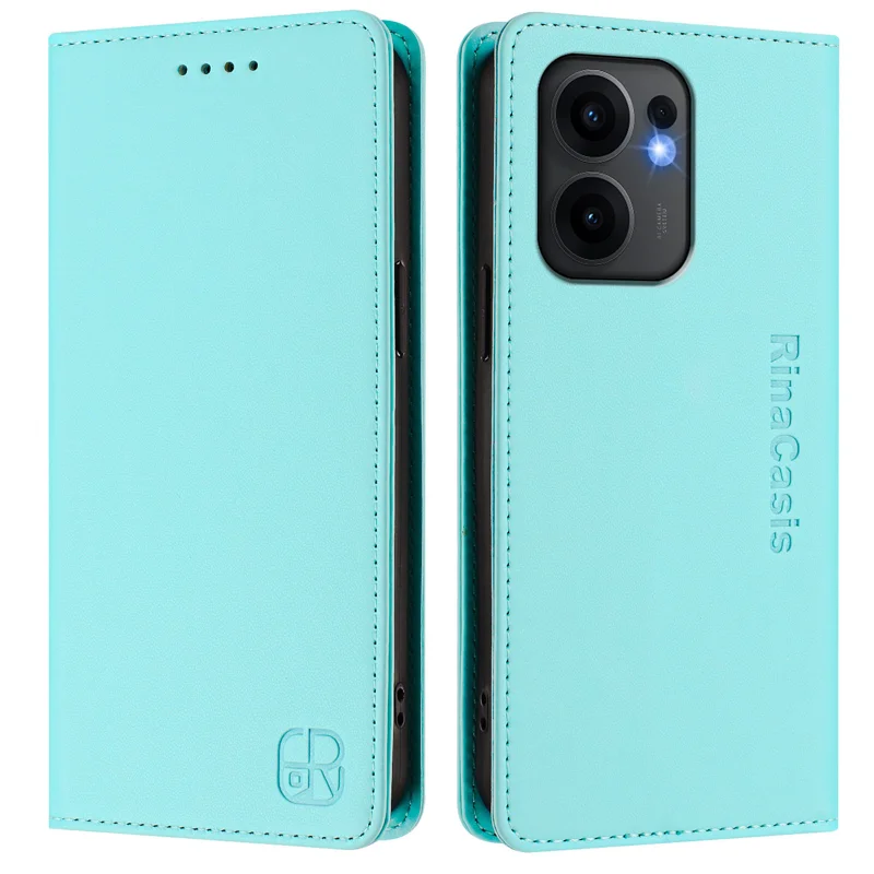 For Oppo Reno13 F 5G Leather Case RINACASIS RC01 Phone Cover with RFID Blocking Wallet Stand - Mint Green-Cellmalls