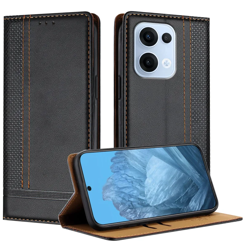 For Oppo Reno13 5G (Global) Case L-Shaped Grid Pattern Leather Stand Phone Cover with Card Slots - Blue-Cellmalls