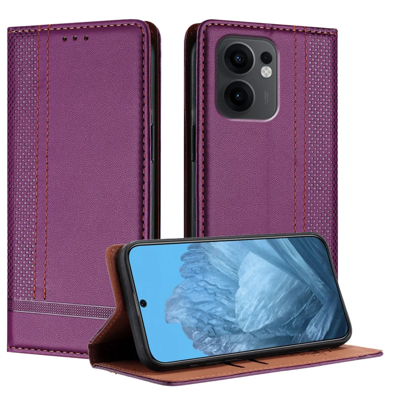For Oppo Reno13 F 5G Case L-Shaped Grid Pattern Leather Stand Phone Cover with Card Slots - Blue-Cellmalls