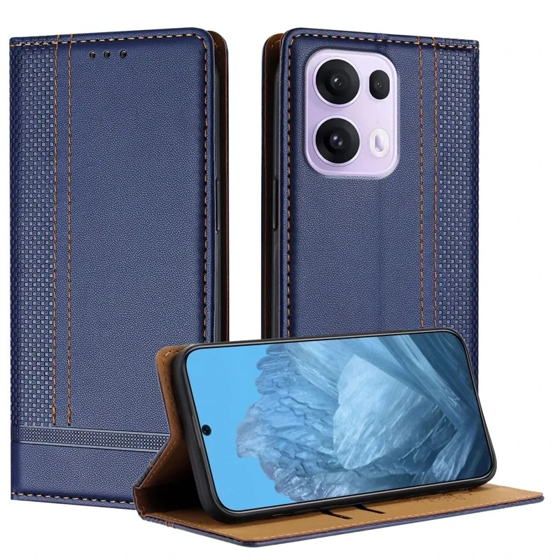 For Oppo Reno13 Pro 5G Case L-Shaped Grid Pattern Leather Stand Phone Cover with Card Slots - Blue-Cellmalls
