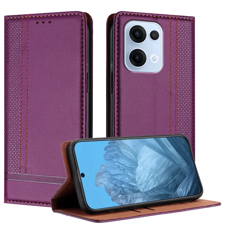 For Oppo Reno13 5G (Global) Case L-Shaped Grid Pattern Leather Stand Phone Cover with Card Slots - Blue-Cellmalls